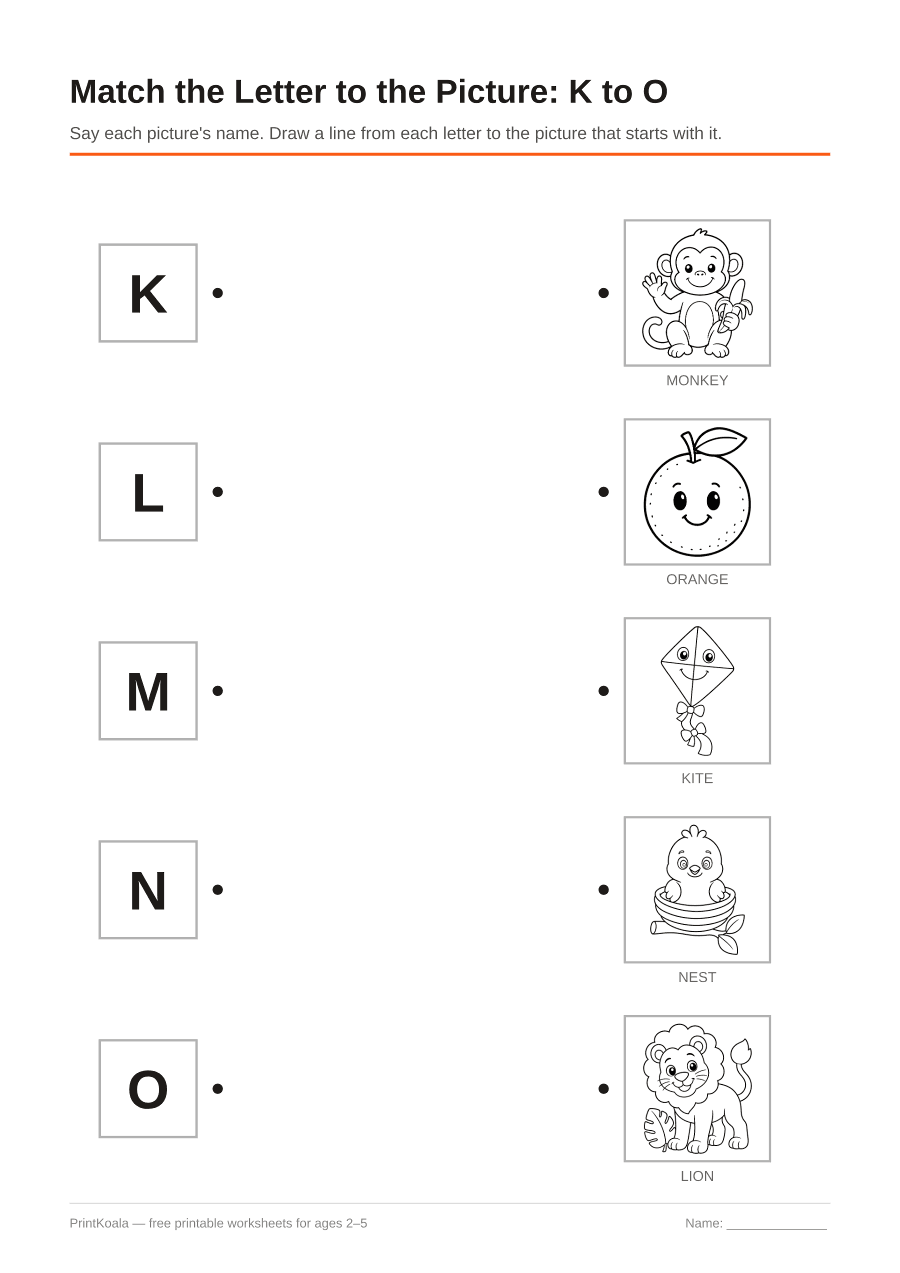 Full preview of the Match the Letter to the Picture: K to O worksheet