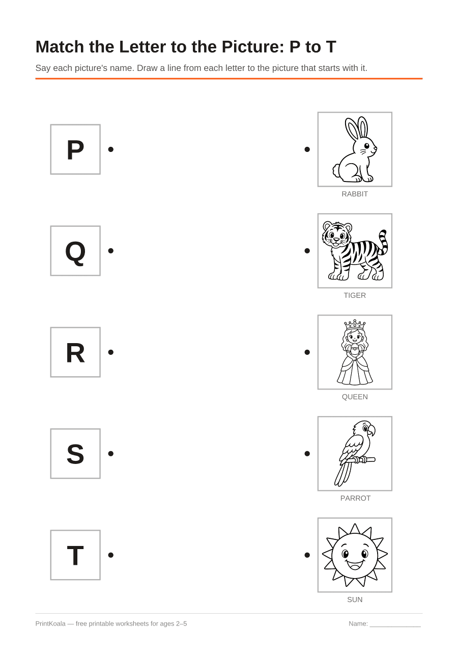 Full preview of the Match the Letter to the Picture: P to T worksheet