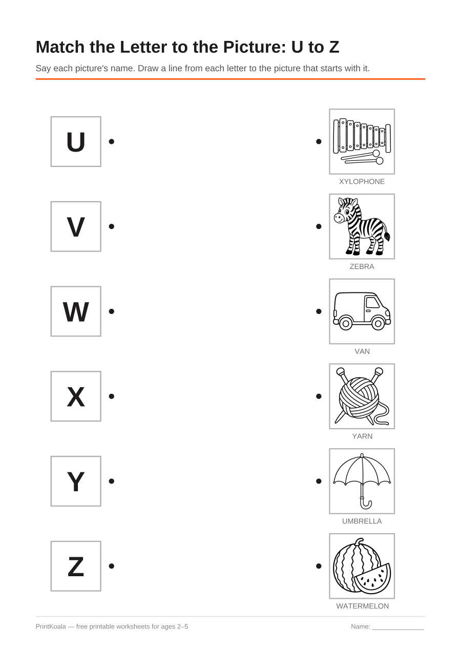 Full preview of the Match the Letter to the Picture: U to Z worksheet
