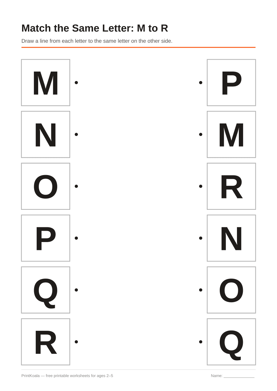 Full preview of the Match the Same Letter: M to R worksheet