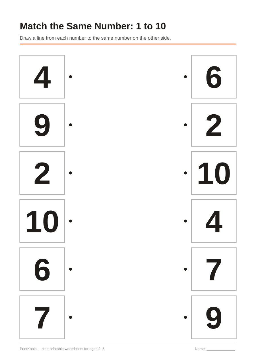 Full preview of the Match the Same Number: 1 to 10 worksheet