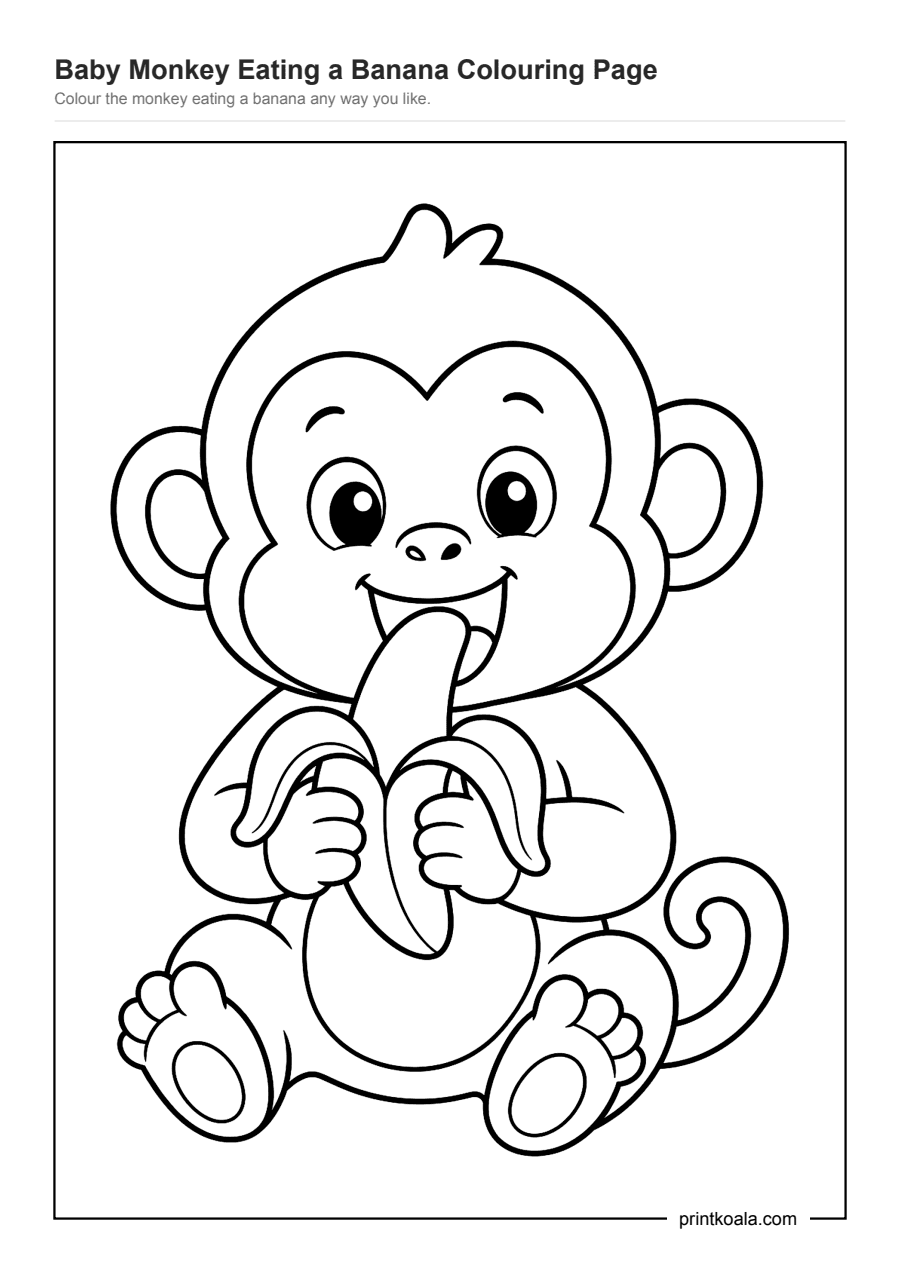 Full preview of the Baby Monkey Eating a Banana Colouring Page worksheet