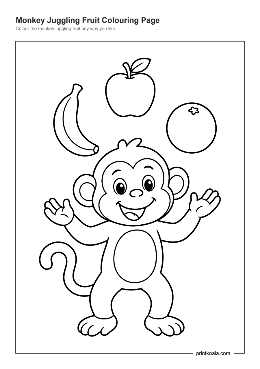 Full preview of the Monkey Juggling Fruit Colouring Page worksheet