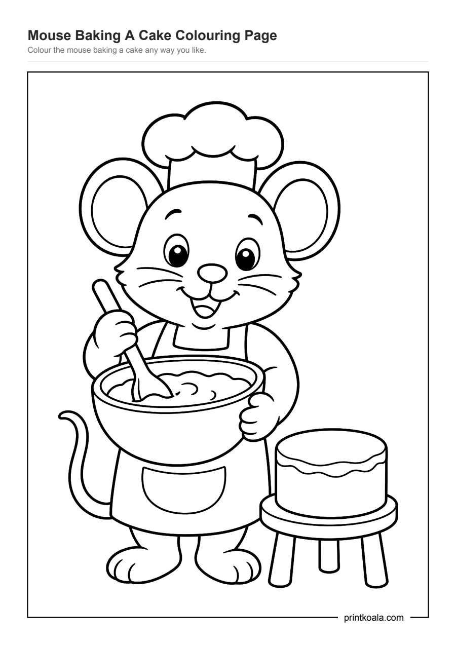 Full preview of the Mouse Baking A Cake Colouring Page worksheet