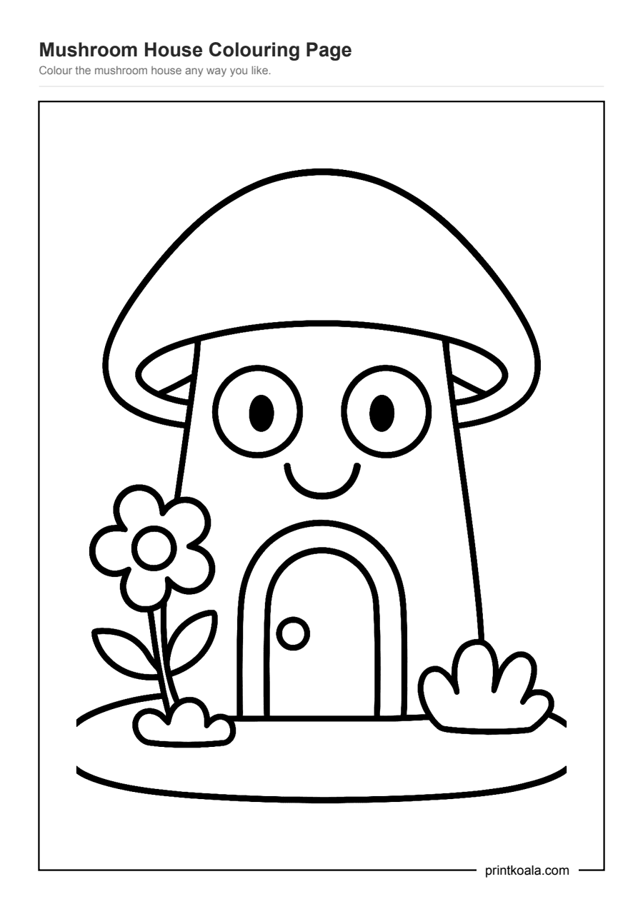 Full preview of the Mushroom House Colouring Page worksheet