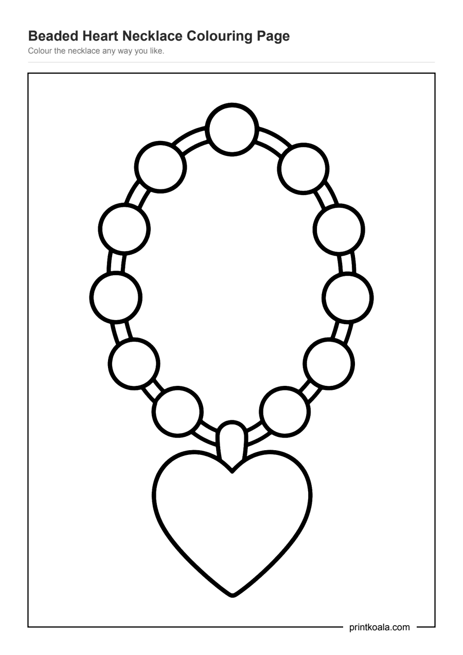 Full preview of the Beaded Heart Necklace Colouring Page worksheet