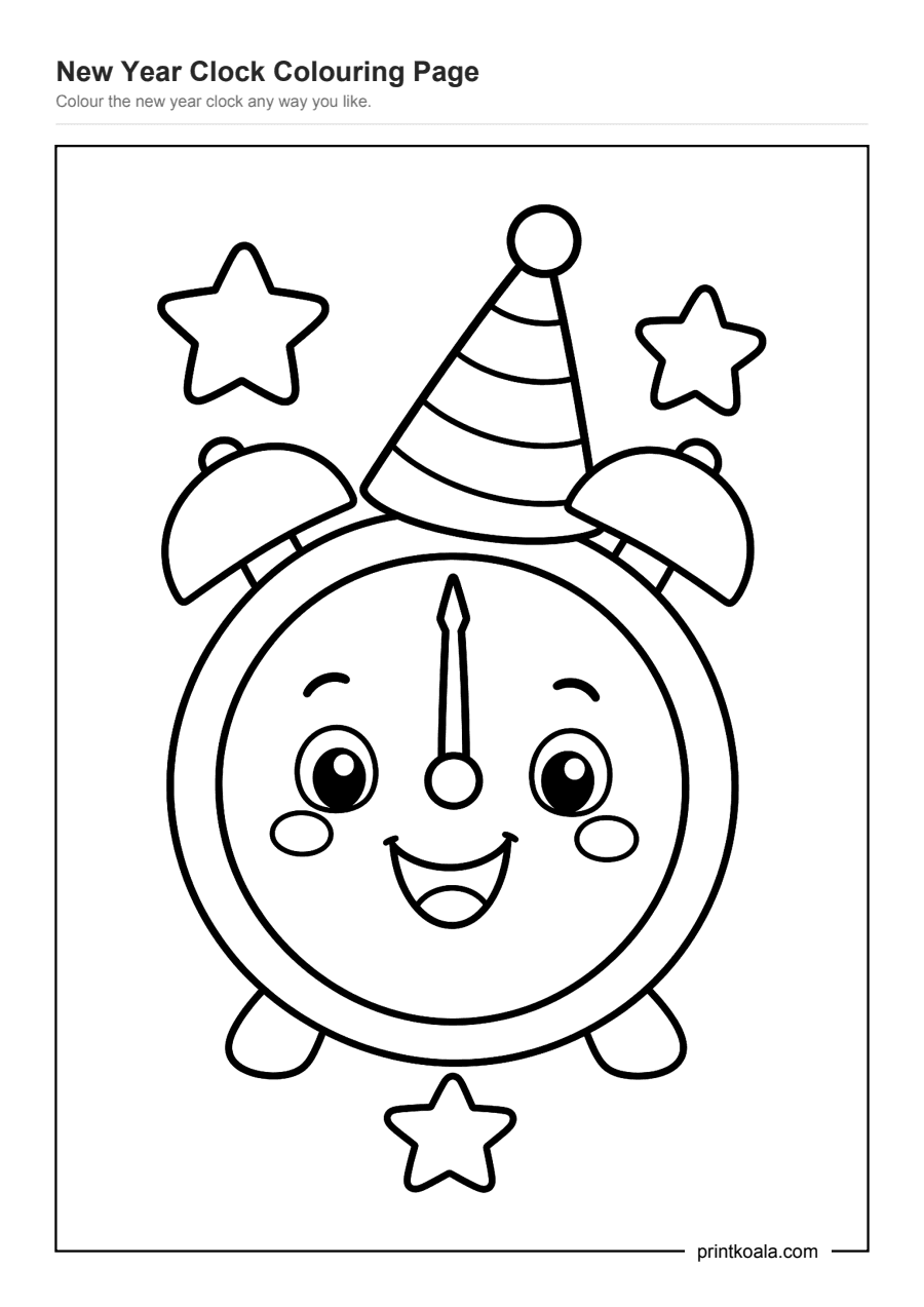 Full preview of the New Year Clock Colouring Page worksheet