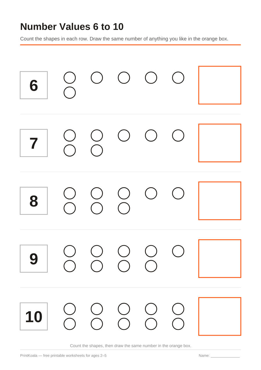Full preview of the Number Values 6 to 10 worksheet