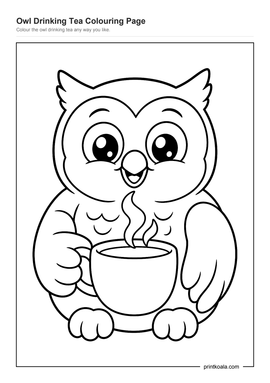 Full preview of the Owl Drinking Tea Colouring Page worksheet