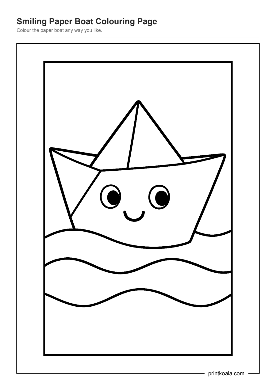 Full preview of the Smiling Paper Boat Colouring Page worksheet