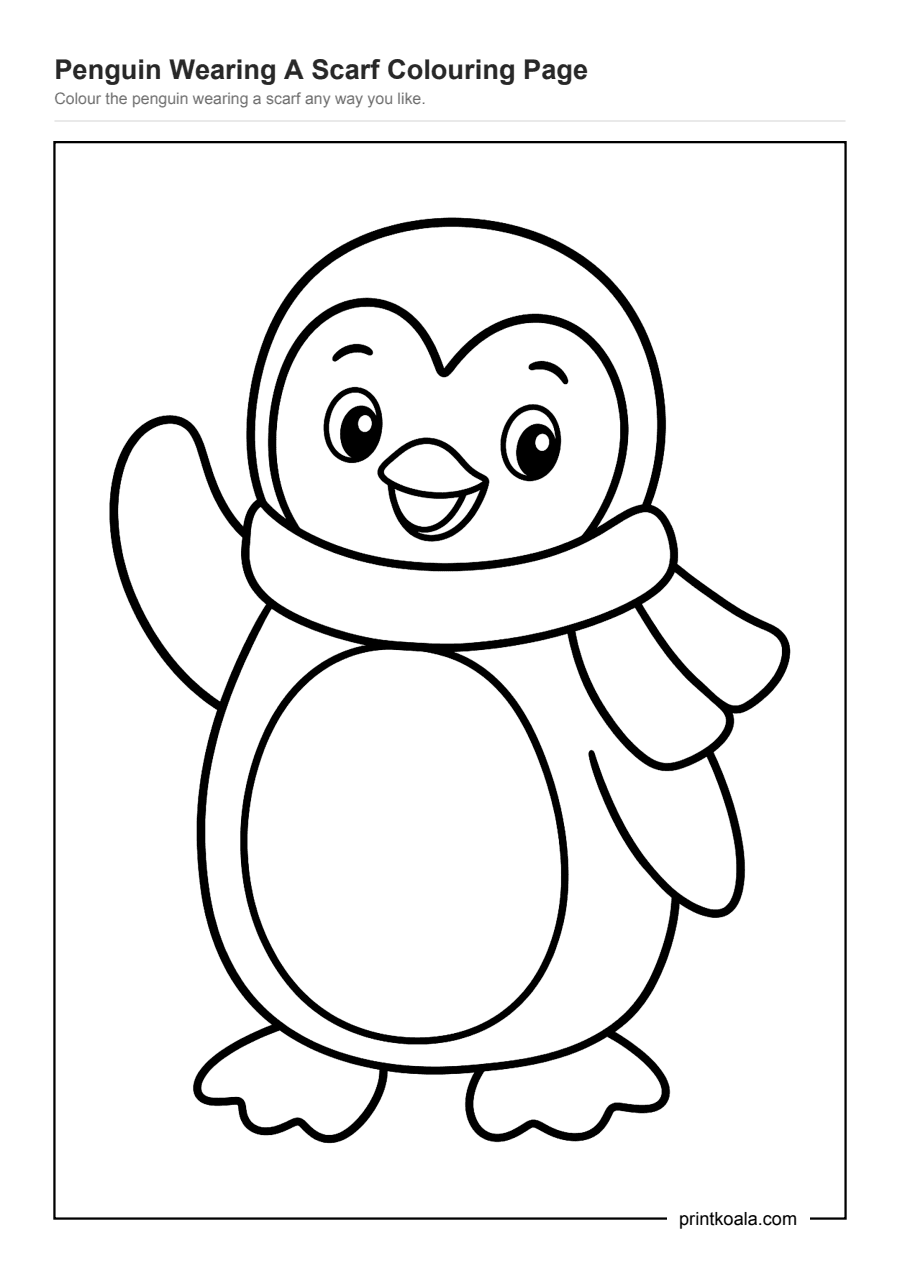 Full preview of the Penguin Wearing A Scarf Colouring Page worksheet