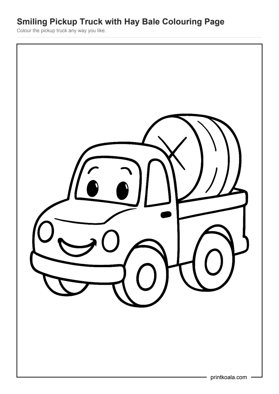 Full preview of the Smiling Pickup Truck with Hay Bale Colouring Page worksheet