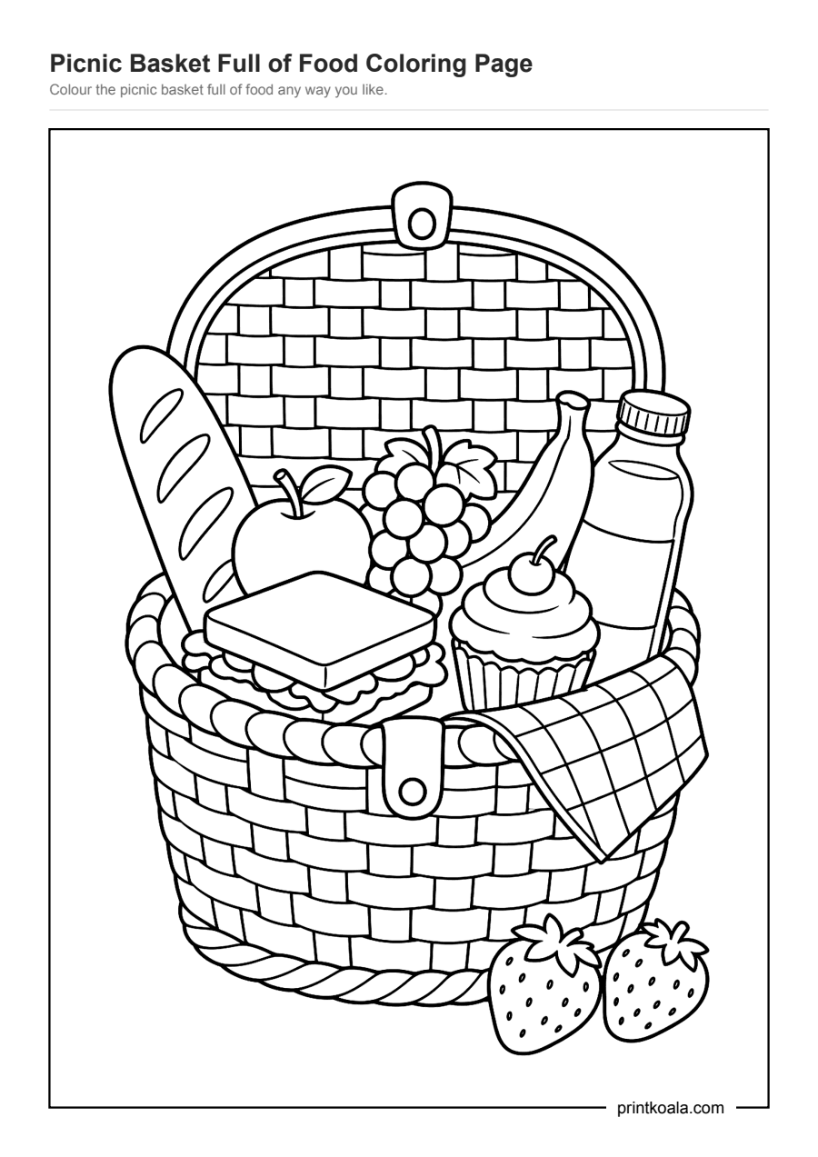 Full preview of the Picnic Basket Full of Food Coloring Page worksheet