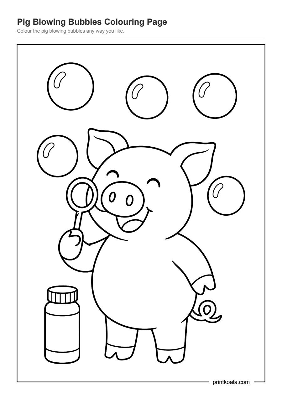 Full preview of the Pig Blowing Bubbles Colouring Page worksheet
