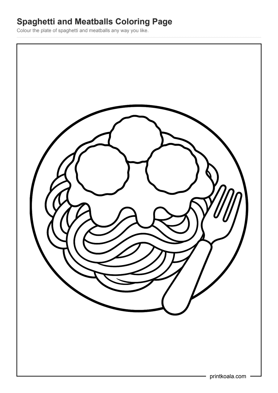 Full preview of the Spaghetti and Meatballs Coloring Page worksheet