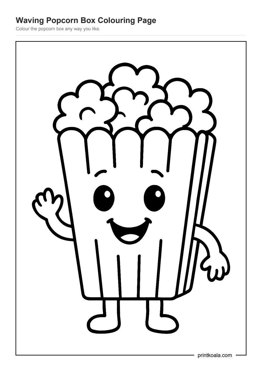Full preview of the Waving Popcorn Box Colouring Page worksheet