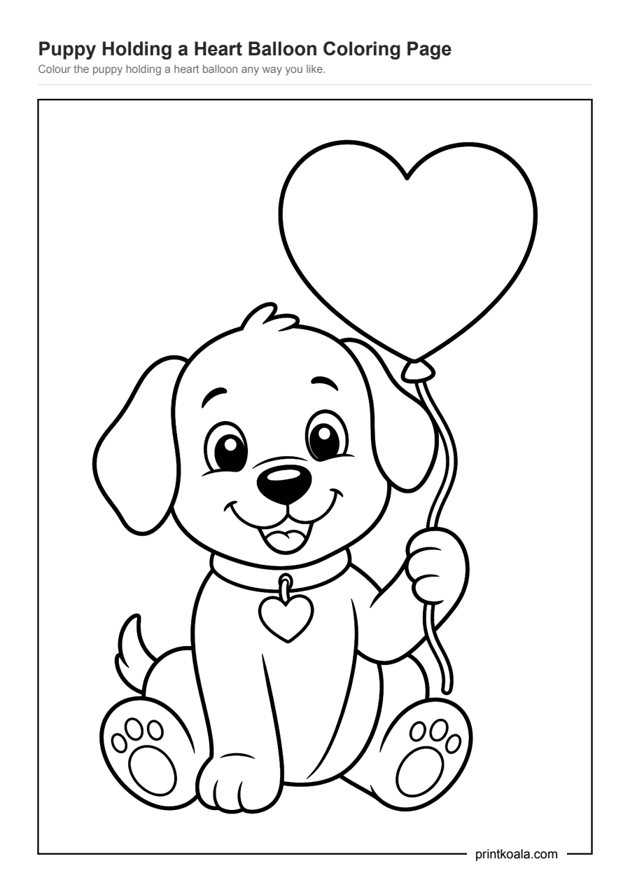 Full preview of the Puppy Holding a Heart Balloon Coloring Page worksheet