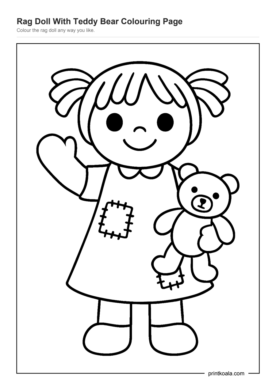 Full preview of the Rag Doll With Teddy Bear Colouring Page worksheet