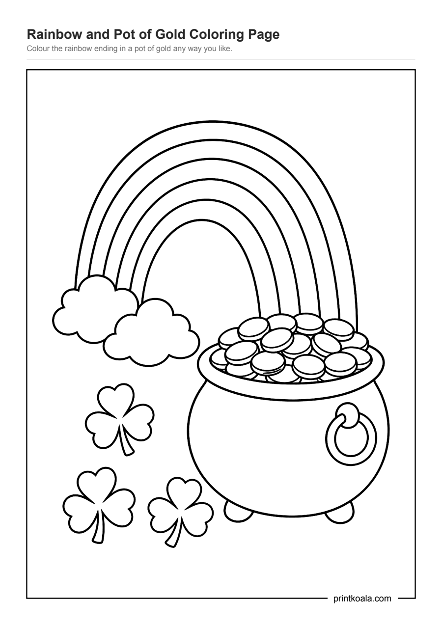 Full preview of the Rainbow and Pot of Gold Coloring Page worksheet