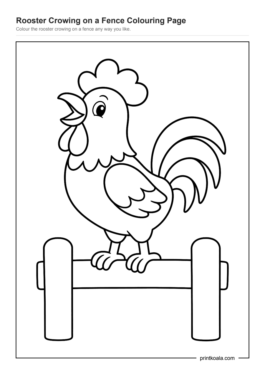 Full preview of the Rooster Crowing on a Fence Colouring Page worksheet
