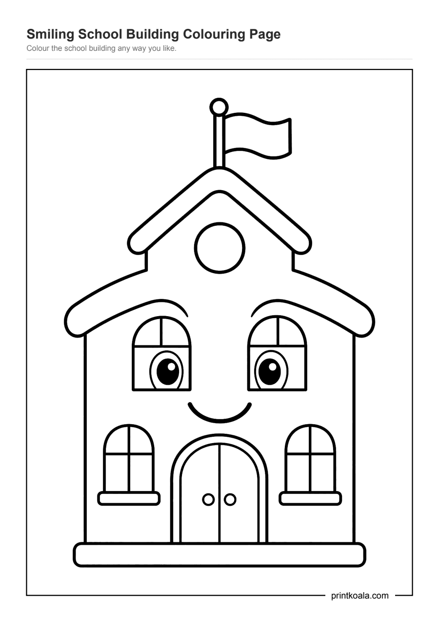 Full preview of the Smiling School Building Colouring Page worksheet