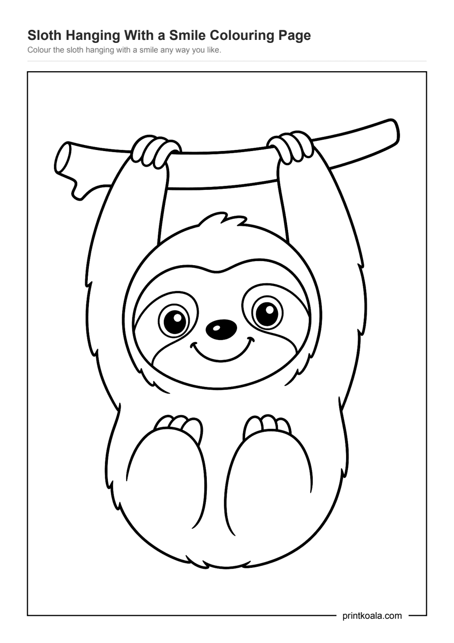 Full preview of the Sloth Hanging With a Smile Colouring Page worksheet
