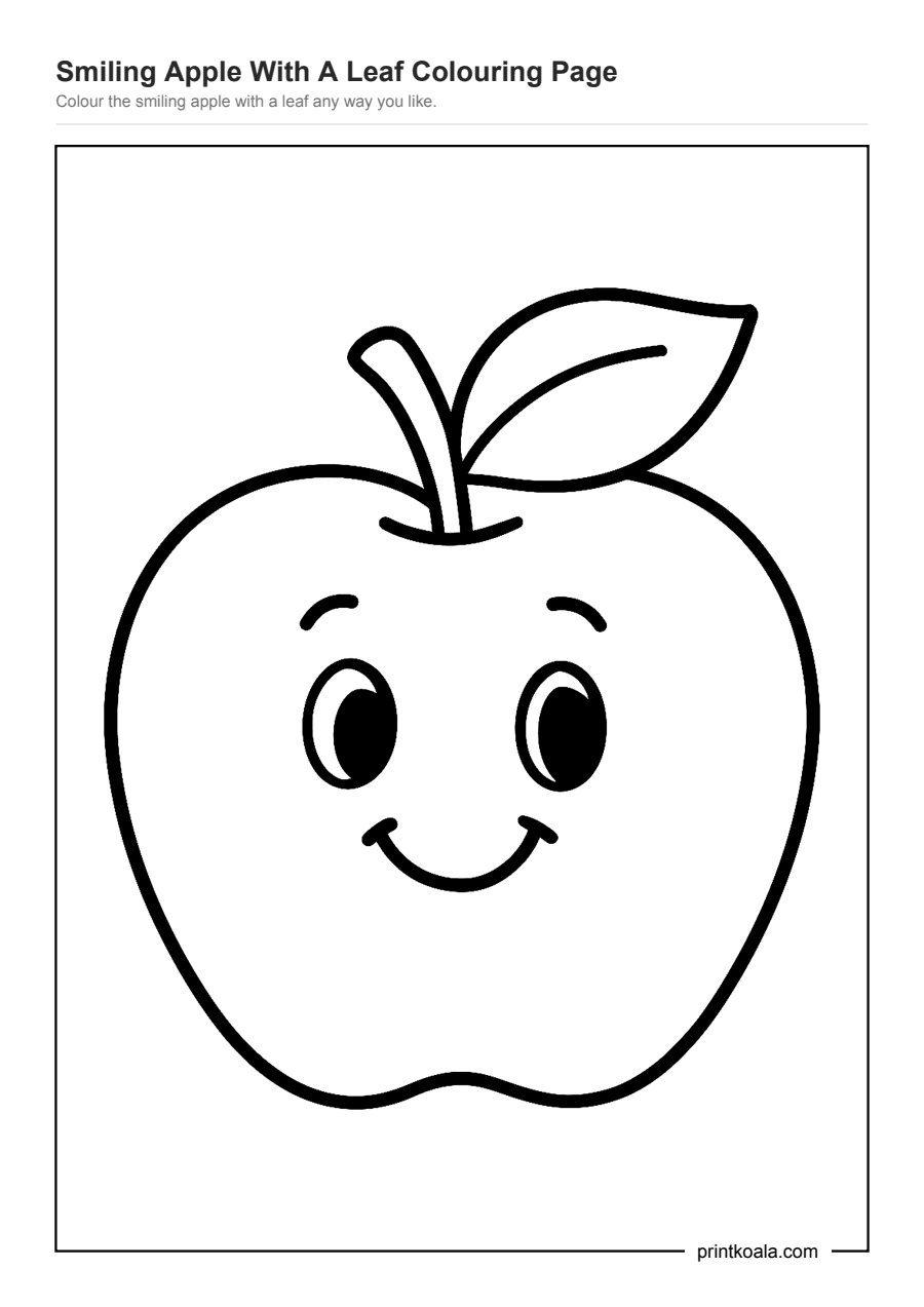 Full preview of the Smiling Apple With A Leaf Colouring Page worksheet