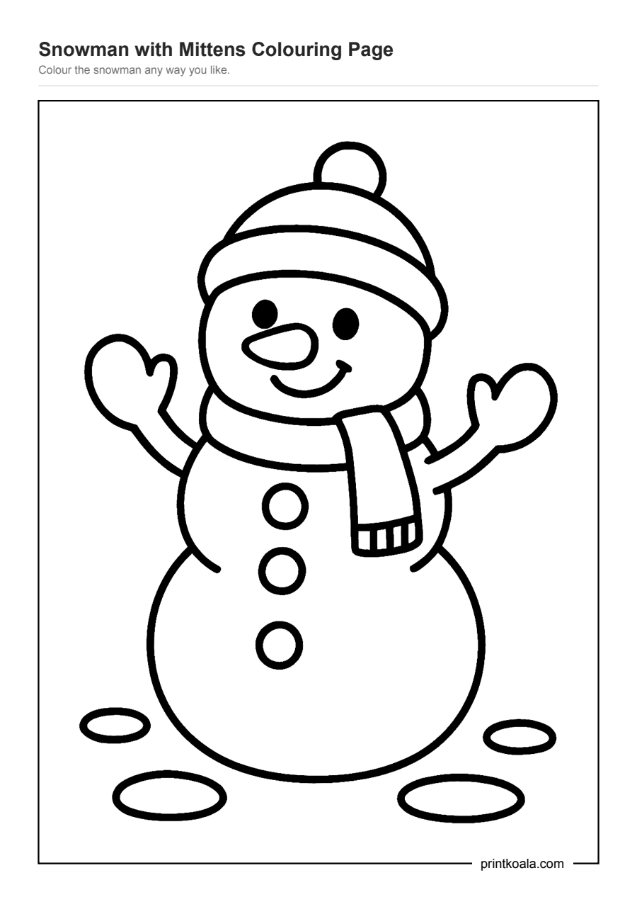 Full preview of the Snowman with Mittens Colouring Page worksheet