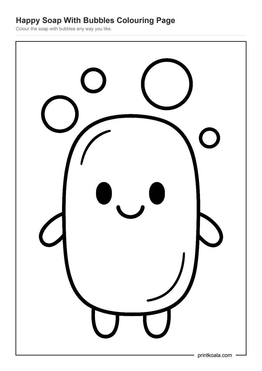 Full preview of the Happy Soap With Bubbles Colouring Page worksheet