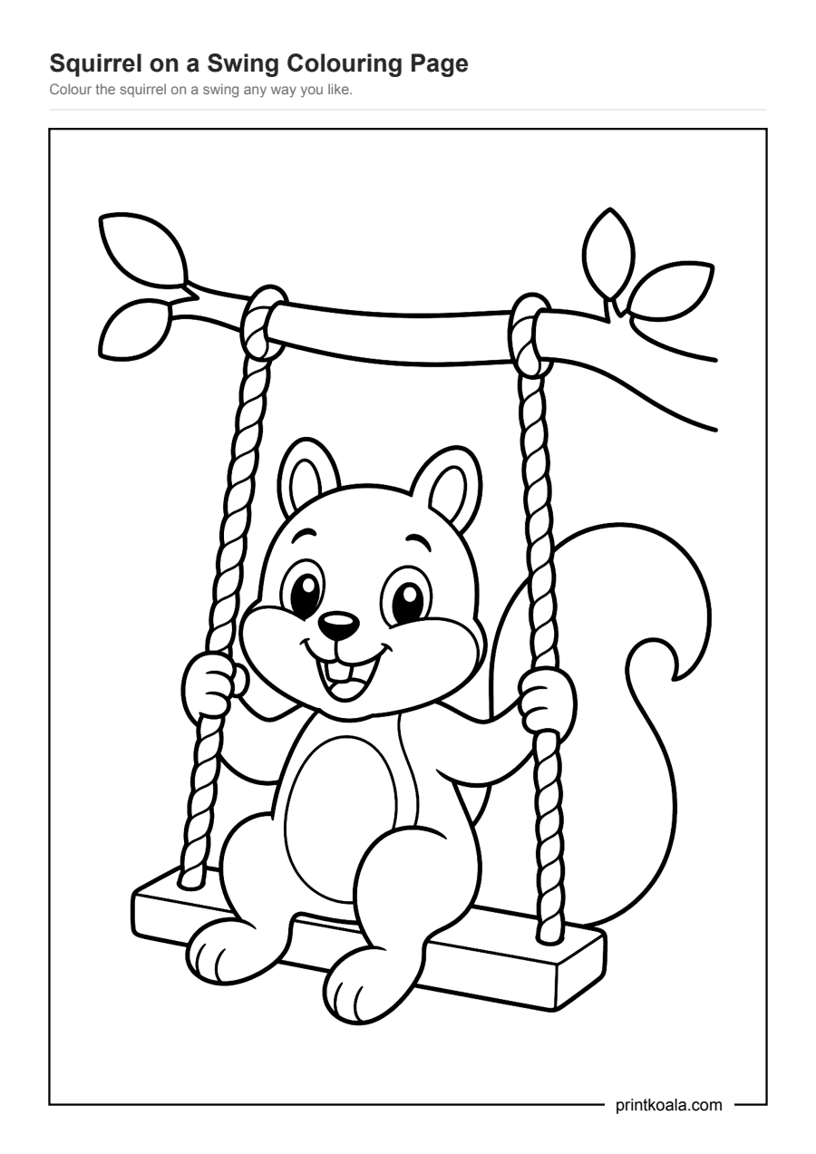 Full preview of the Squirrel on a Swing Colouring Page worksheet