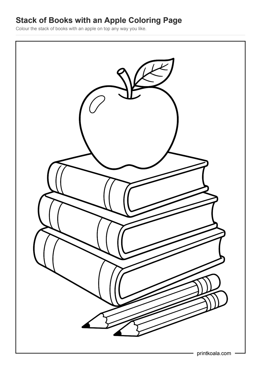 Full preview of the Stack of Books with an Apple Coloring Page worksheet