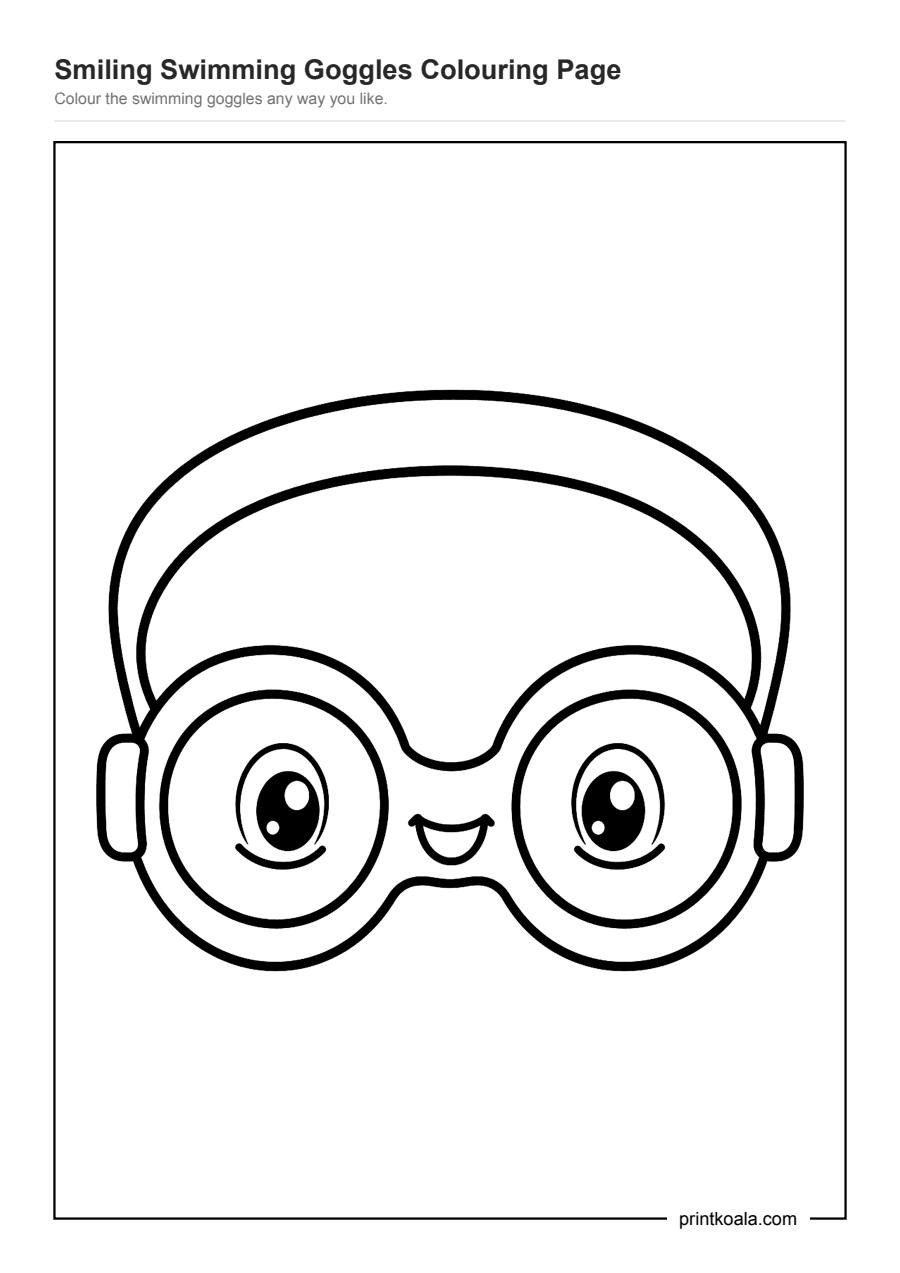 Full preview of the Smiling Swimming Goggles Colouring Page worksheet