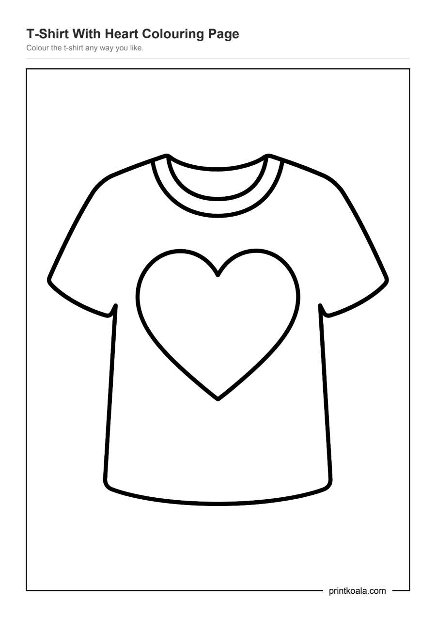 Full preview of the T-Shirt With Heart Colouring Page worksheet