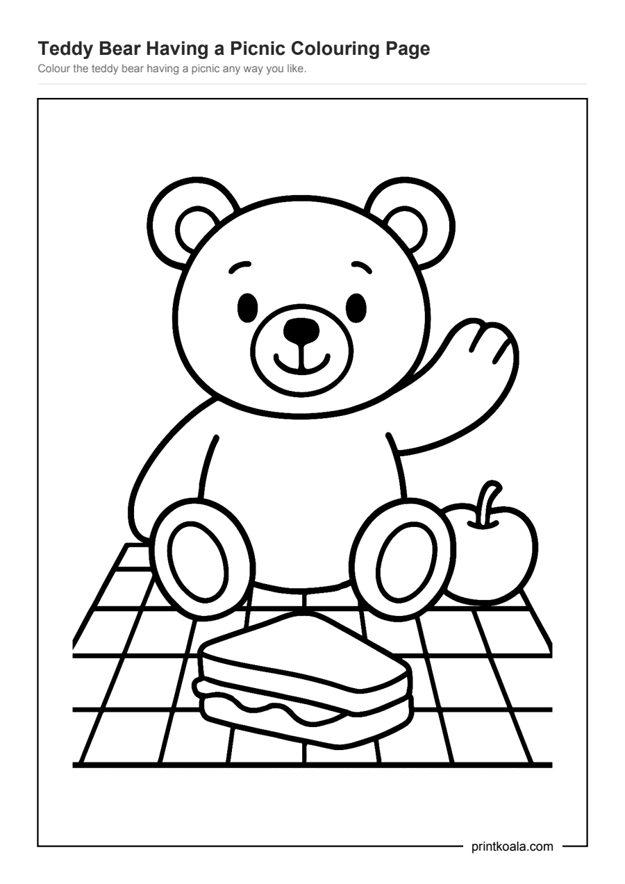 Full preview of the Teddy Bear Having a Picnic Colouring Page worksheet