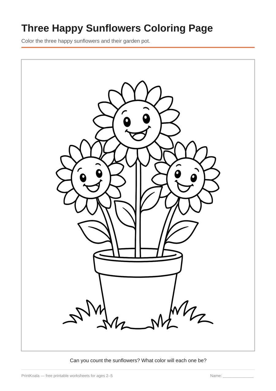 Full preview of the Three Happy Sunflowers Coloring Page worksheet