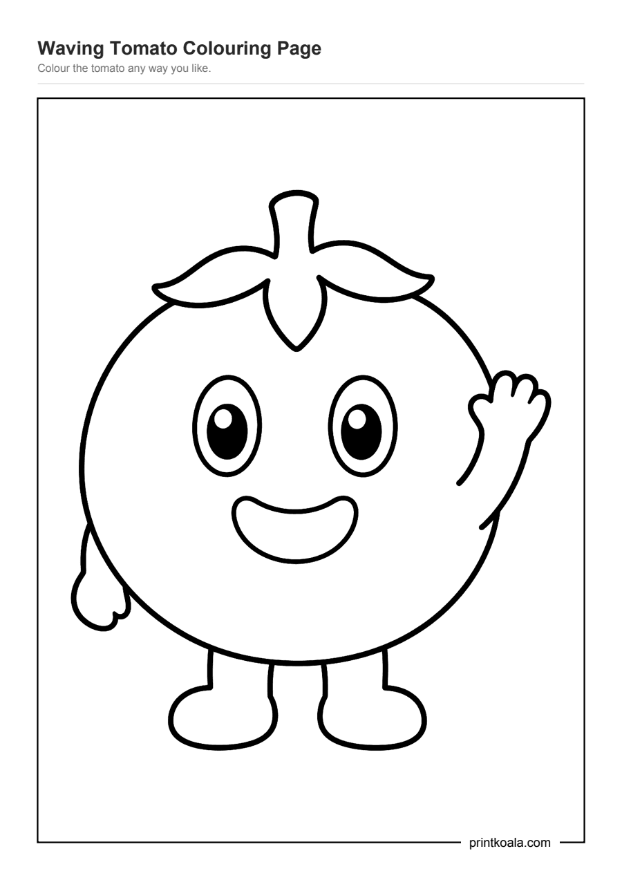 Full preview of the Waving Tomato Colouring Page worksheet