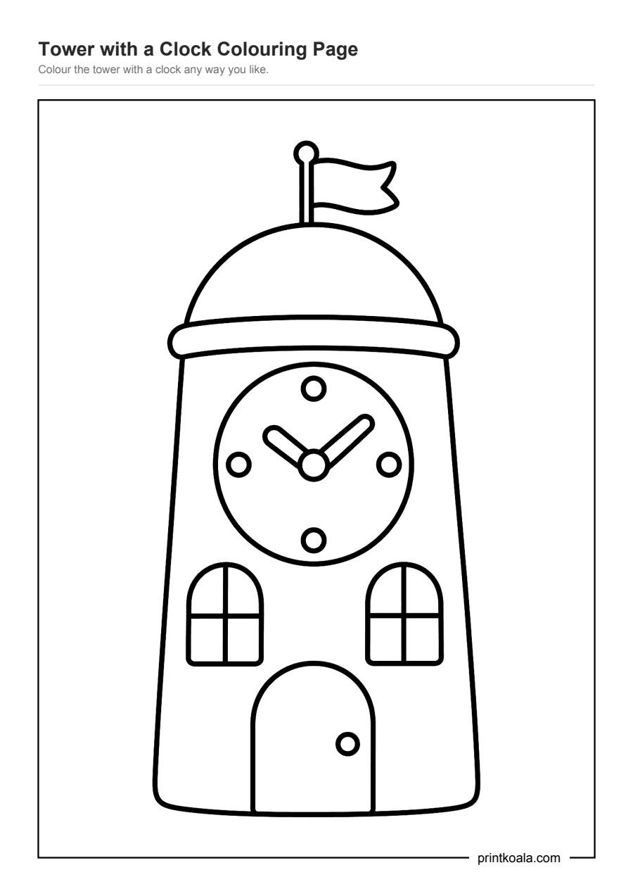 Full preview of the Tower with a Clock Colouring Page worksheet
