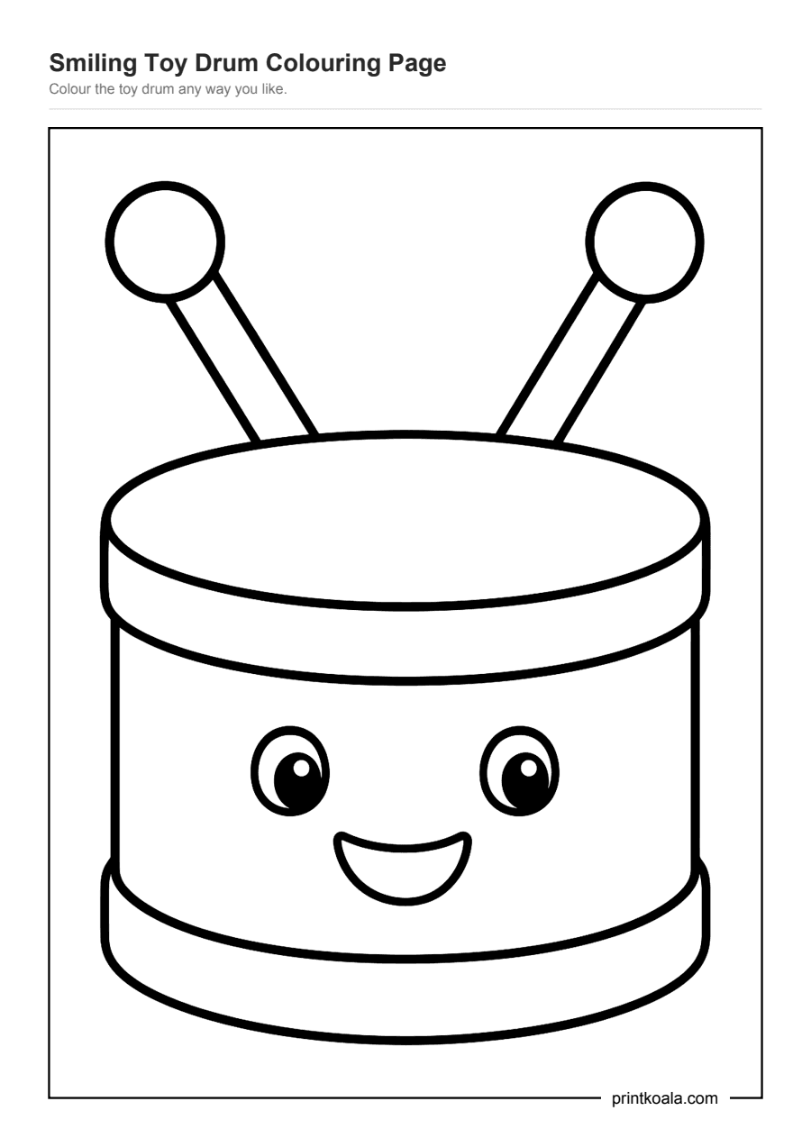 Full preview of the Smiling Toy Drum Colouring Page worksheet