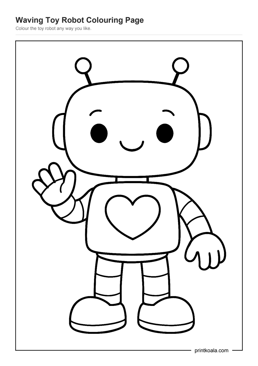 Full preview of the Waving Toy Robot Colouring Page worksheet