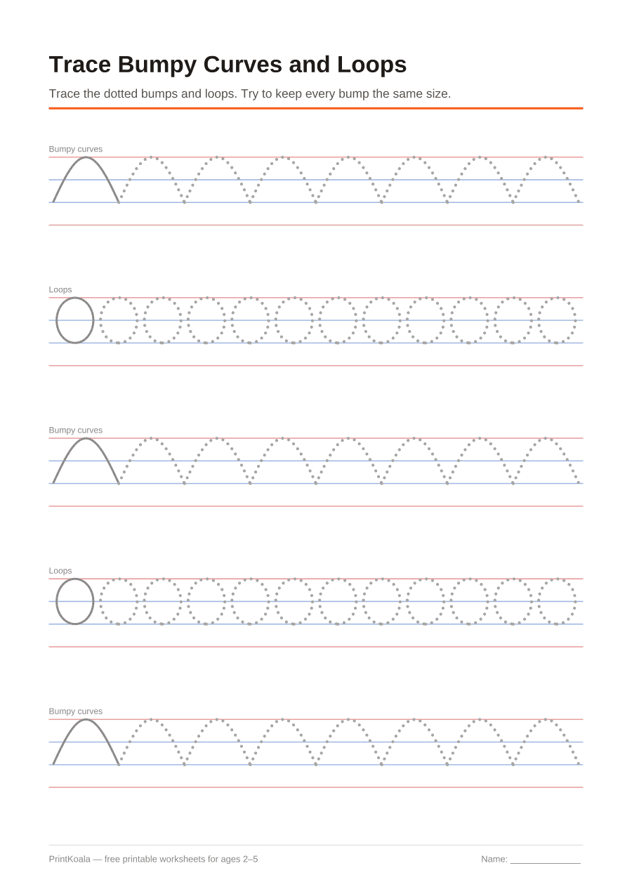 Full preview of the Trace Bumpy Curves and Loops worksheet