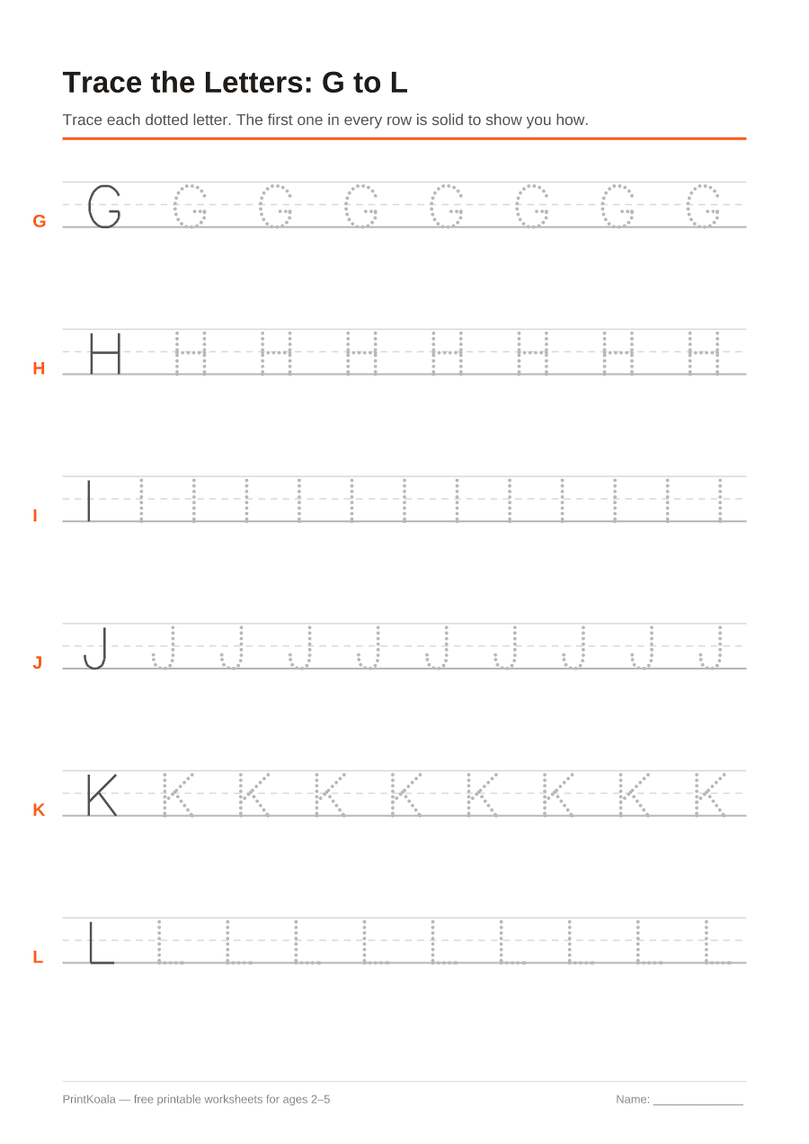 Full preview of the Trace Capital Letters G to L worksheet