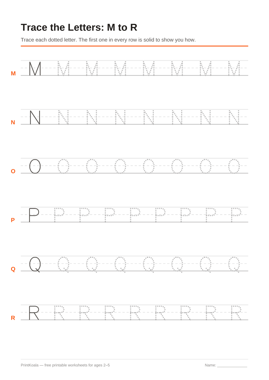 Full preview of the Trace Capital Letters M to R worksheet