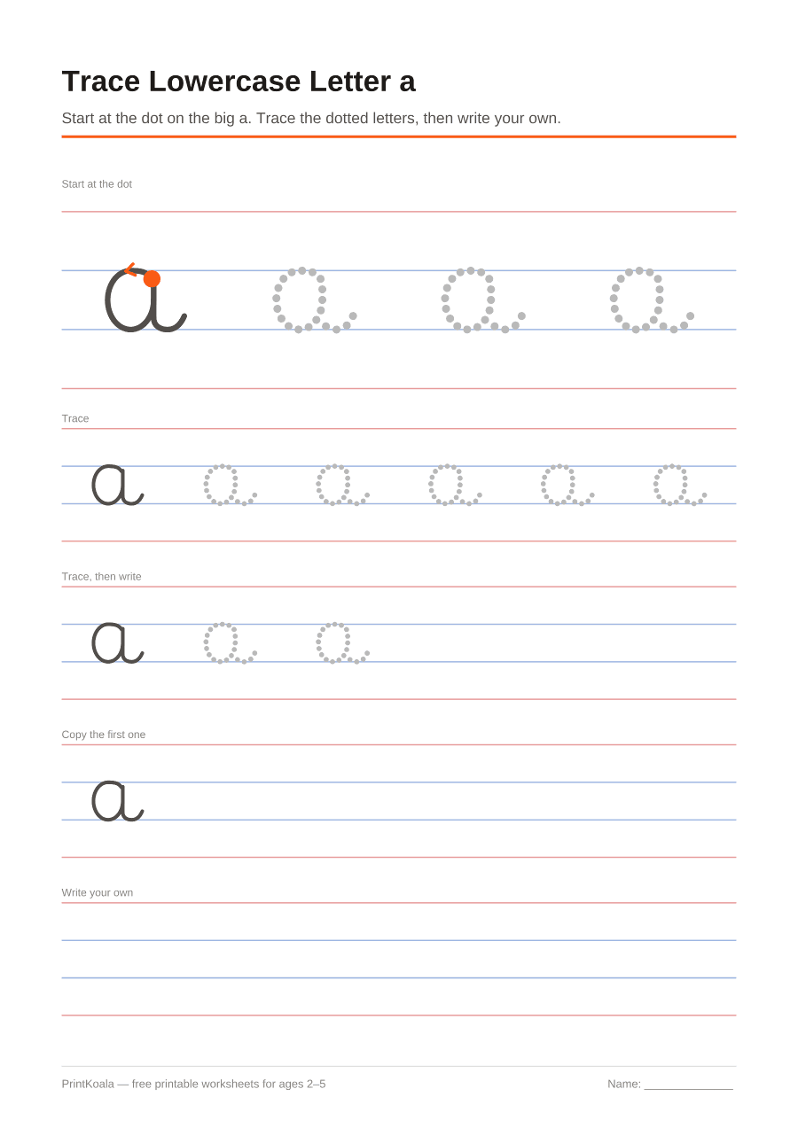 Full preview of the Trace Lowercase Letter a worksheet