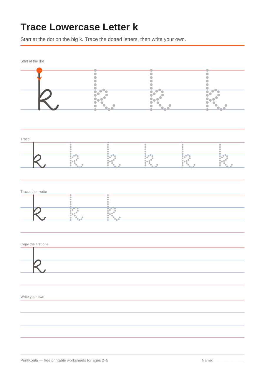 Full preview of the Trace Lowercase Letter k worksheet