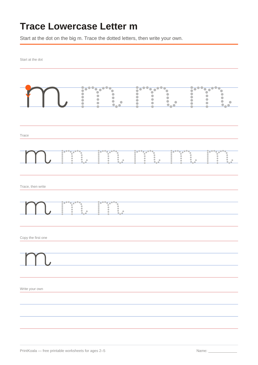 Full preview of the Trace Lowercase Letter m worksheet