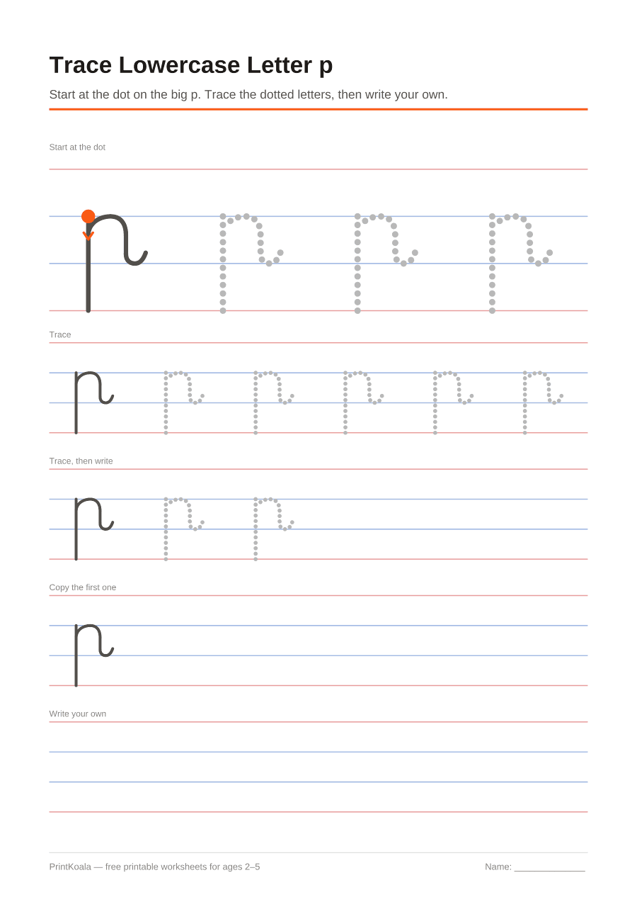 Full preview of the Trace Lowercase Letter p worksheet