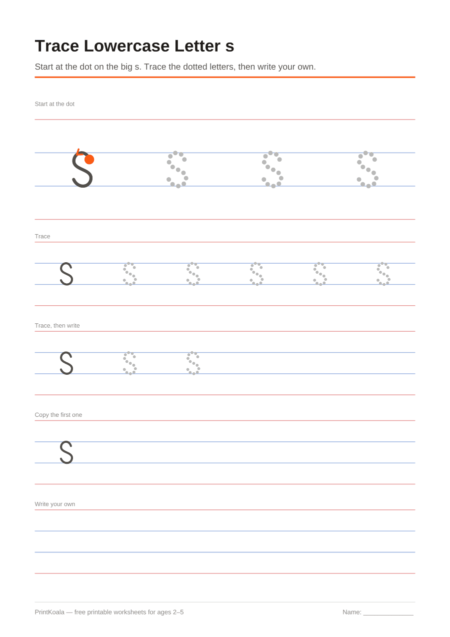 Full preview of the Trace Lowercase Letter s worksheet
