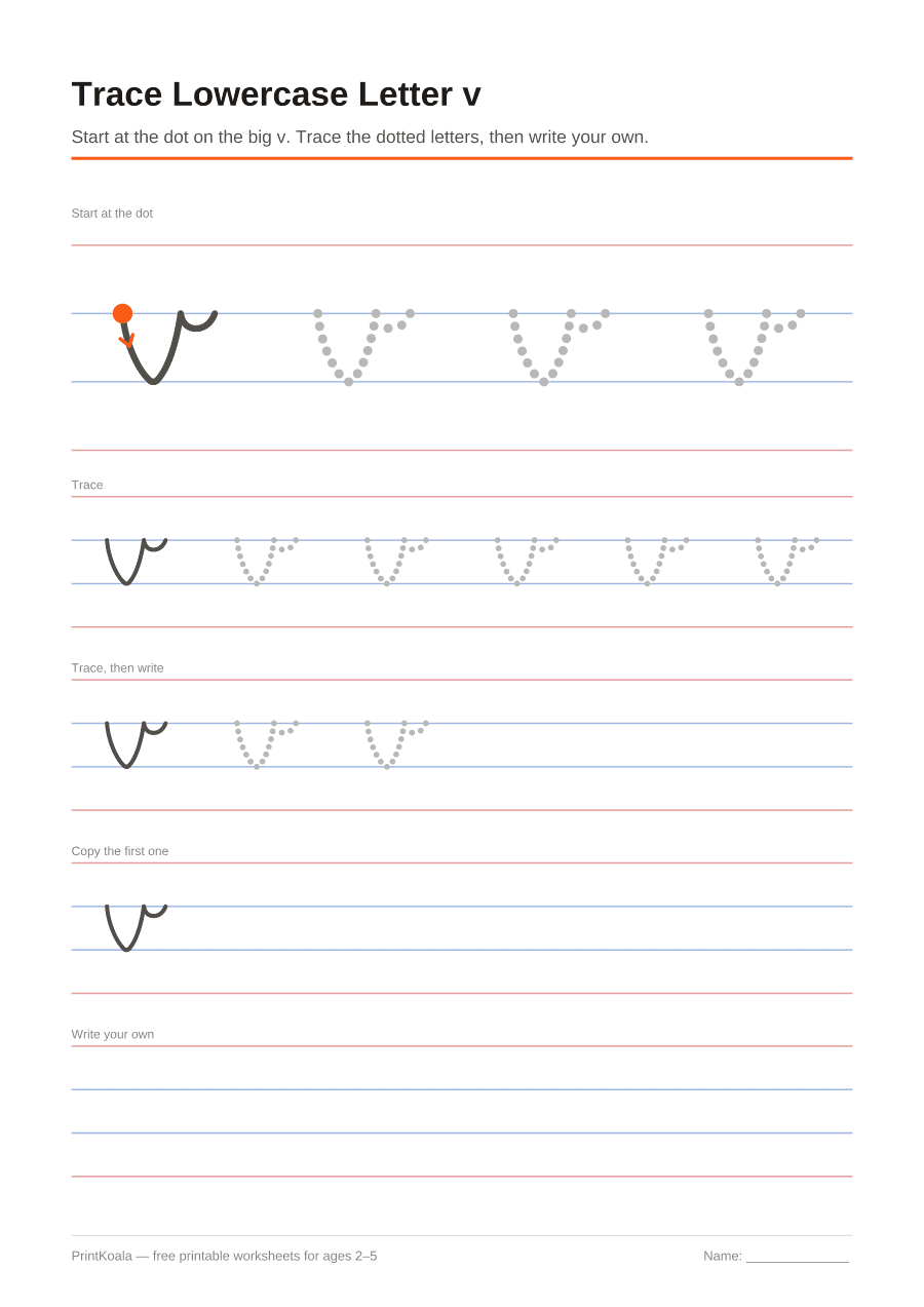 Full preview of the Trace Lowercase Letter v worksheet