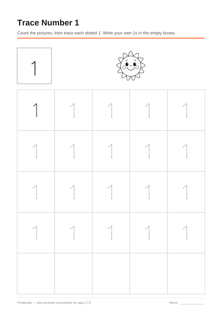 Full preview of the Trace Number 1 worksheet