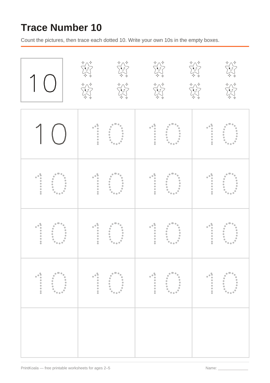 Full preview of the Trace Number 10 worksheet